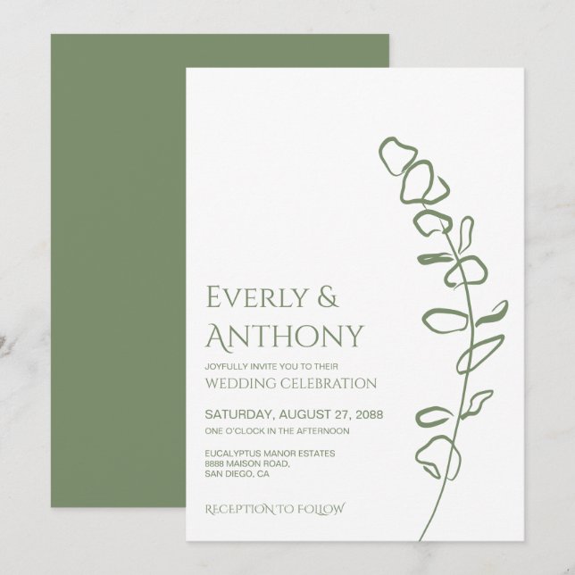 Convite para Casamento Verde de Eucalyptus Minimal (Frente/Verso)