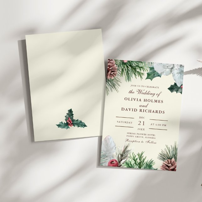 Convite para Casamento Verde de inverno (Winter Greenery Wedding Invitation on a sunny white table.)