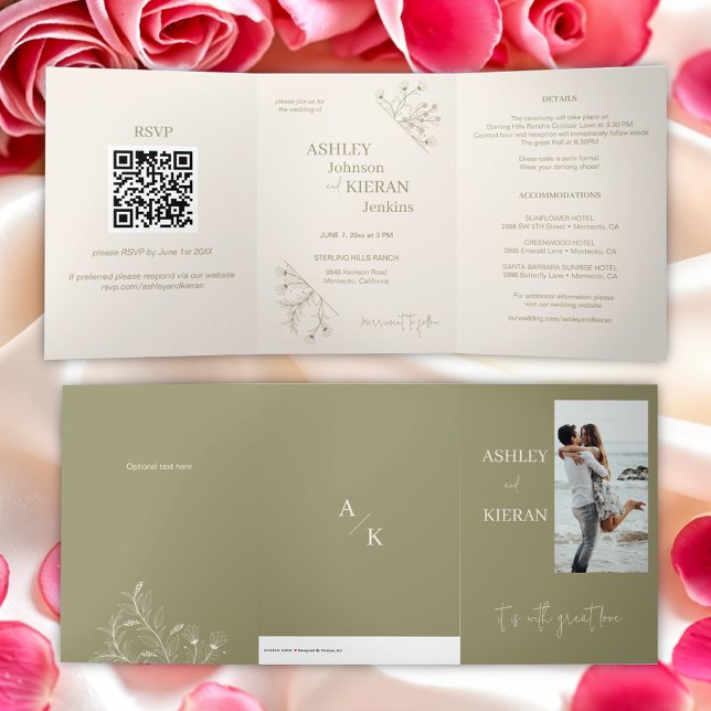 Convite para Casamento Verde de Moss Floral Elegan (Criador carregado)