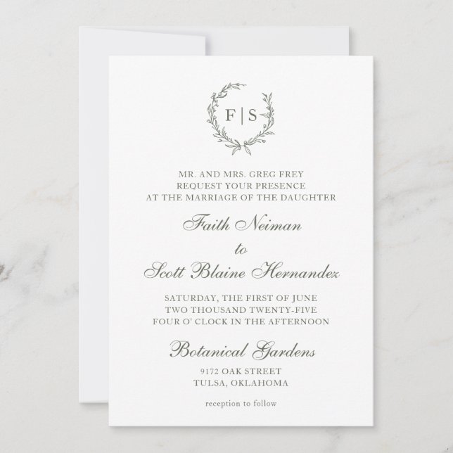 Convite para Casamento Verde de Sage Tradicional (Frente)