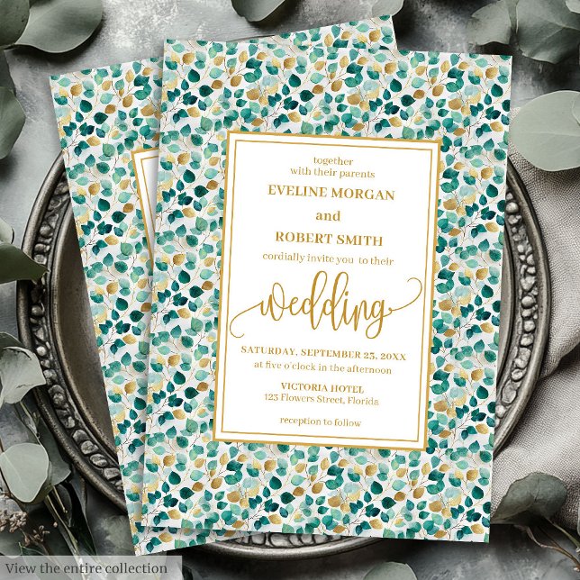 Convite para Casamento Verde Dourado Luxe (Luxe Deep Green Gold Greenery Wedding Invitation)