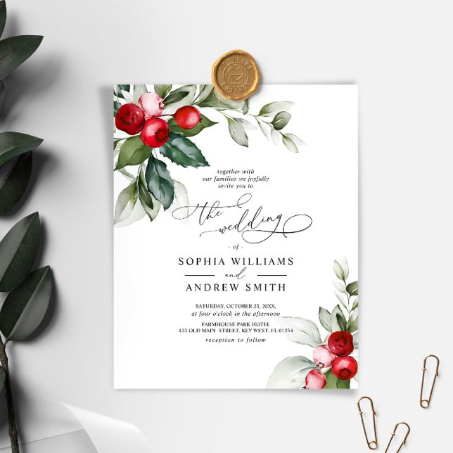 Convite para Casamento Verde e Berry de Natal no O (Christmas Wedding Invitation)