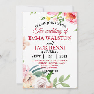 Convite para Casamento Verde Floral Cor-de-Rosa e