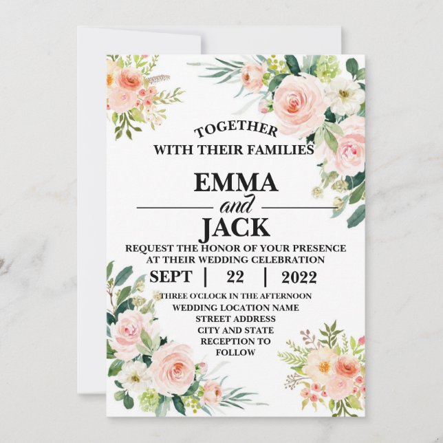 Convite para Casamento Verde Floral Cor-de-Rosa e  (Frente)