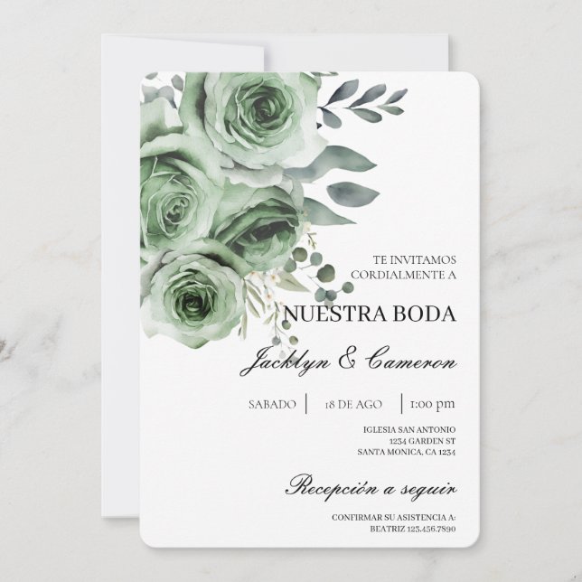 Convite para Casamento Verde Floral Espanhol (Frente)