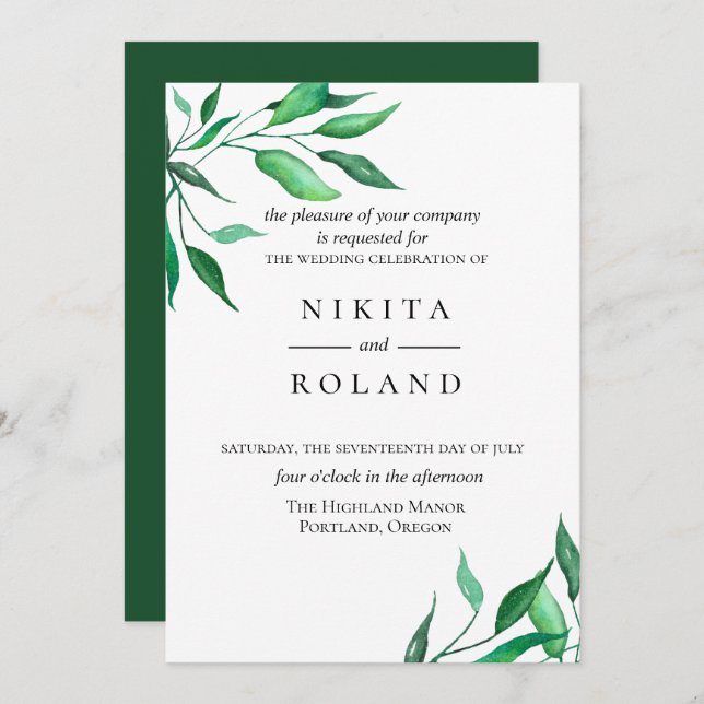 Convite para Casamento Verde Minimalista Moderno (Frente/Verso)