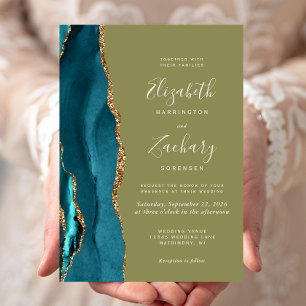 Convite para Casamento Verde Oleícola Dourado Teal