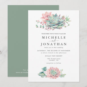 Convite para Casamento Verde Rosa Suculente