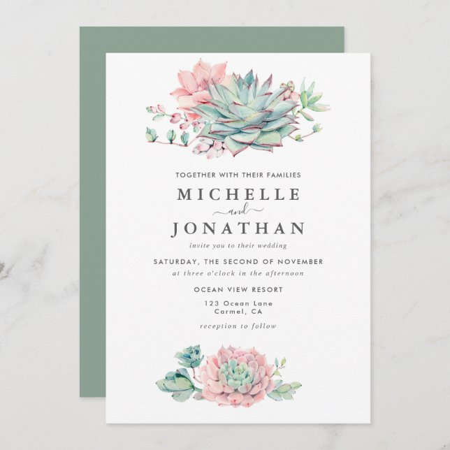 Convite para Casamento Verde Rosa Suculente (Frente/Verso)