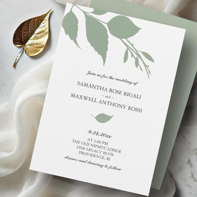 Convite para Casamento Verde Simples (Sage green wedding invitations modern minimalist leaves design Victoria Grigaliunas Do Tell A Belle)