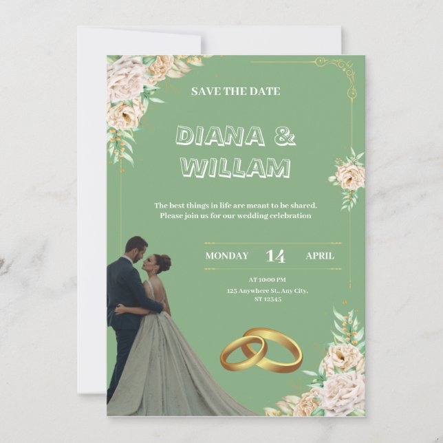 convite para casamento verde vintage (Frente)