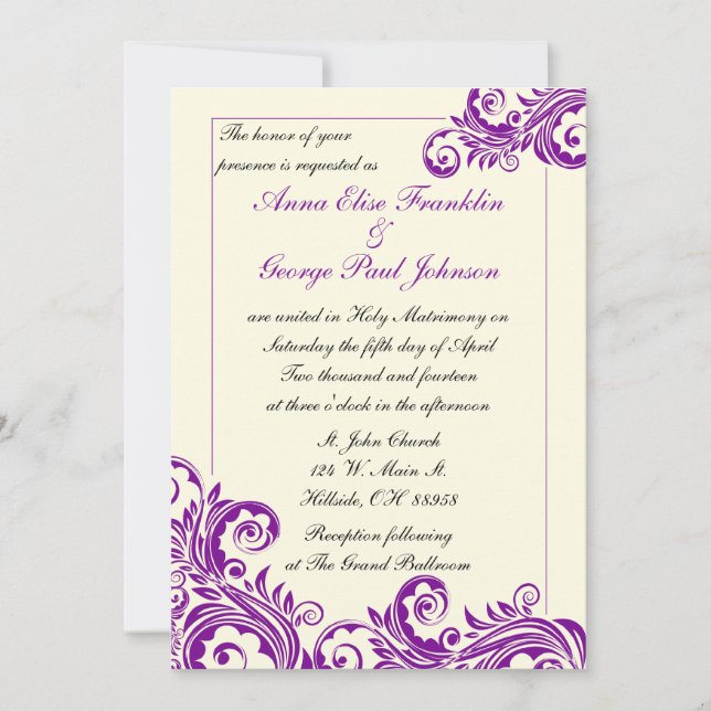 Convite para Casamento Vertical de Flourish Roxo (Frente)