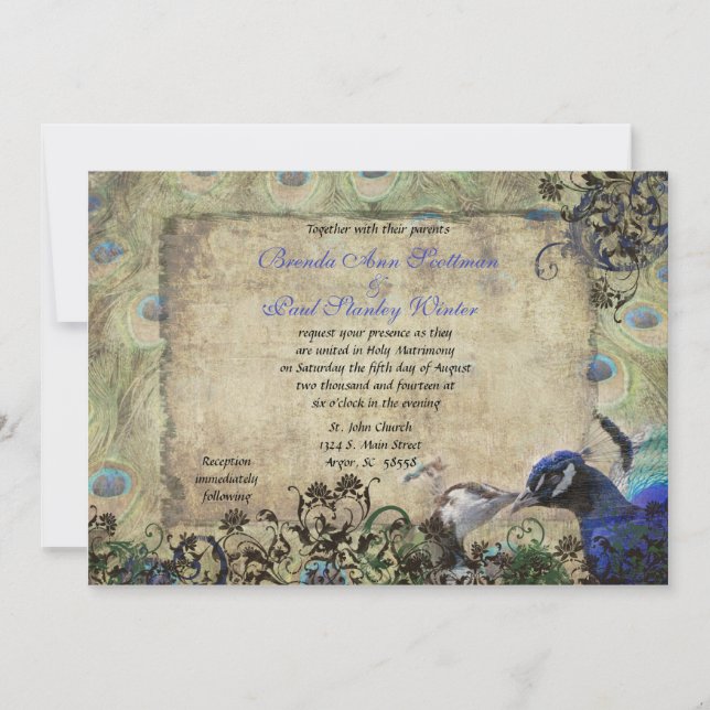 Convite para Casamento vintage de Pavão de Beijo (Frente)