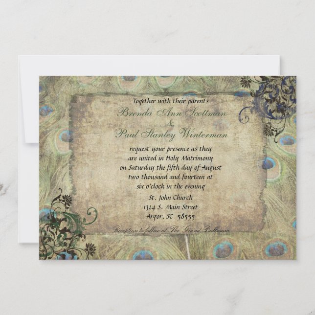 Convite para Casamento vintage de Peacock (Frente)