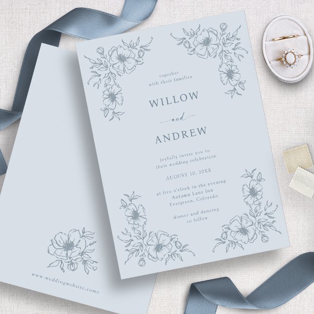 Convite para Casamento vintage Floral Azul Dusty (Dusty Blue Floral Vintage Wedding Invitation
)