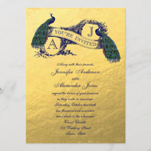Convite para Casamento vintage Gold Foil Peacock