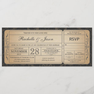 Convite para Casamento vintage Ticket com RSVP 3.1