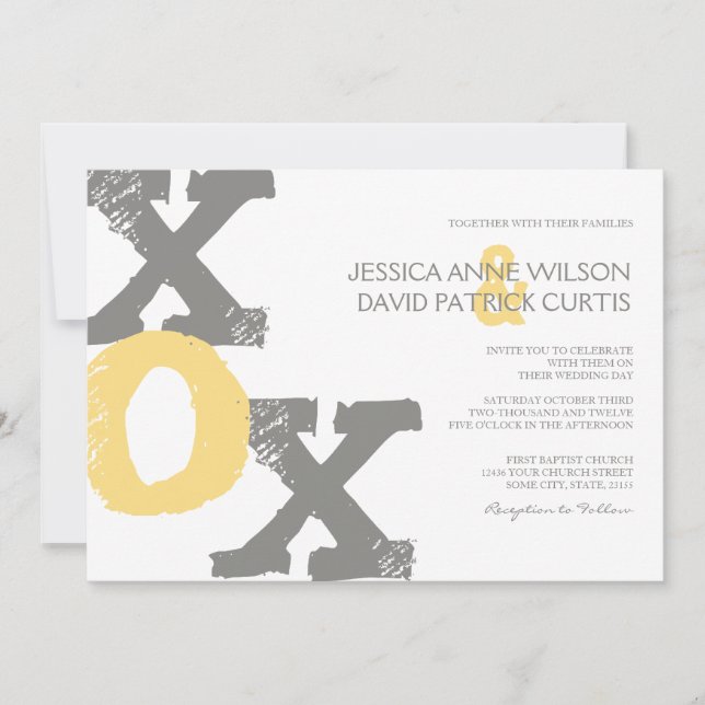 Convite para Casamento XOX Amarelo e Cinza (Frente)