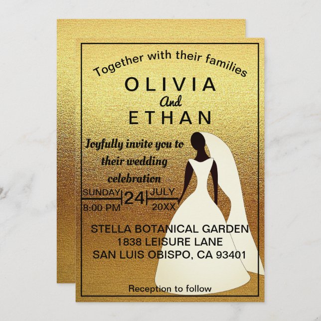 Convite para casamentos de ouro e preto-e-chic leg (Frente/Verso)
