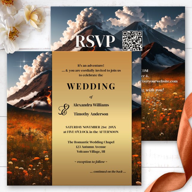 Convite para Casamentos outono Dourados de Aventur (Unique adventure destination wedding invitation featuring a volcano and colorful autumn flowers)