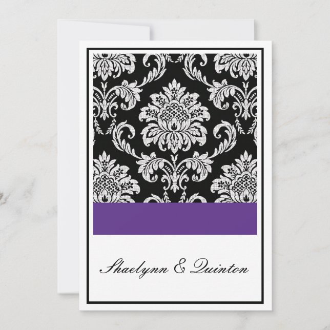 Convite para Casamentos tema damasco Preto e Roxo (Frente)