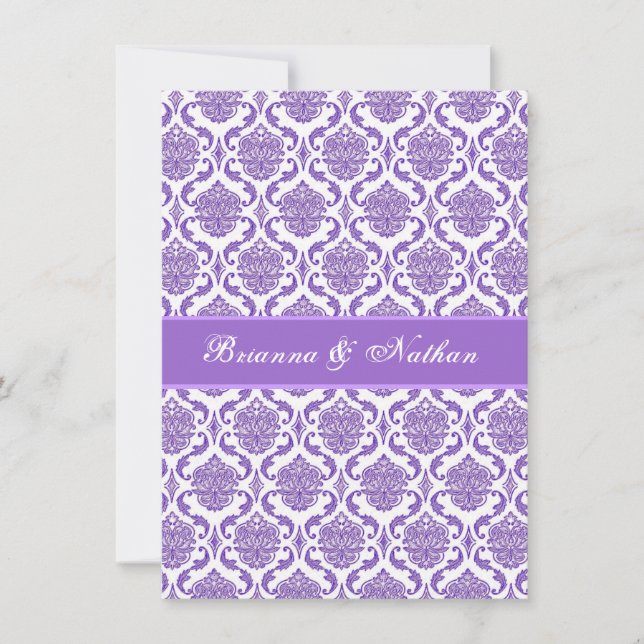 Convite para Casamentos tema damasco Roxo e Branco (Frente)