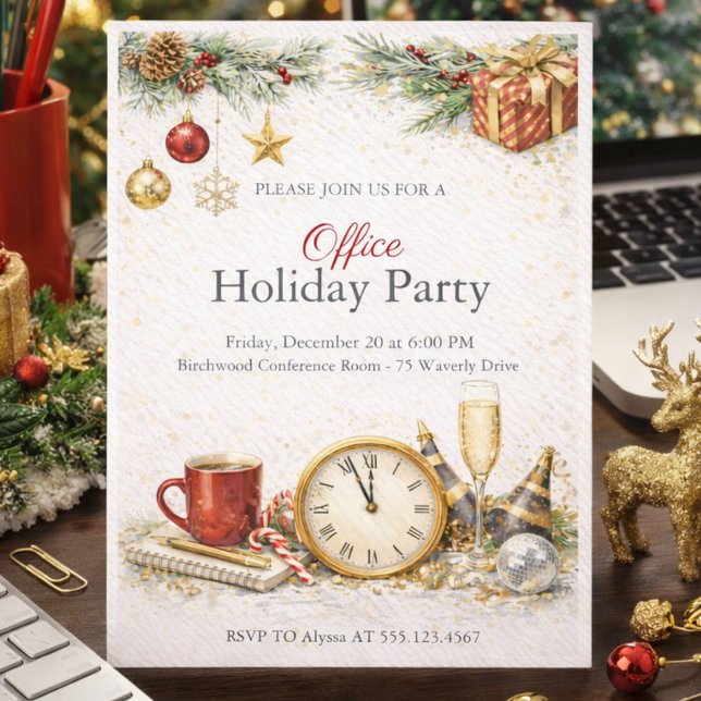 Convite para Celebração de Feriado Corporativo (Celebrate the season with a warm ivory and gold corporate holiday gathering)