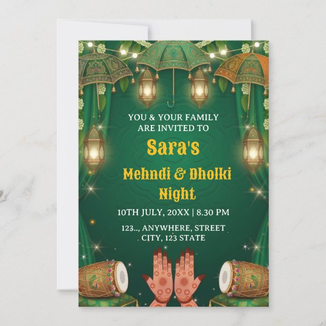 Convite para Cerimônia da Noite de Mehndi e Dholki (Frente)