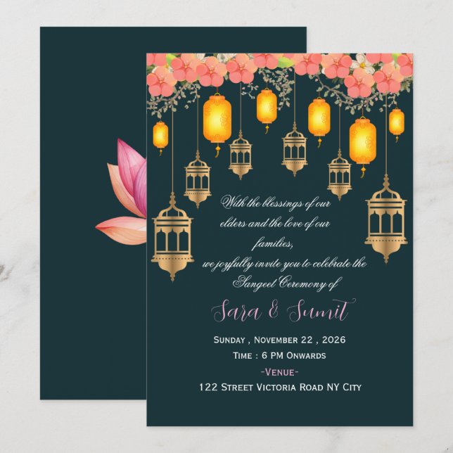 Convite para Cerimônia de Sangeet de Casamento Ind (Frente/Verso)