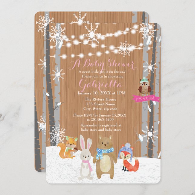 Convite para Chá da Baby Girl Forest da Woodland d (Frente/Verso)