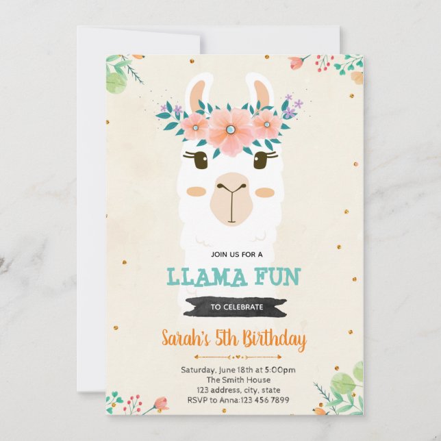 Convite para chá de aniversário da Cute llama (Frente)