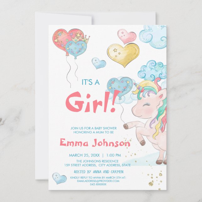 Convite para Chá de BabyShower da Unicorn (Frente)