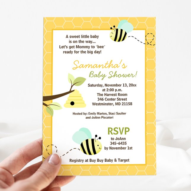 Convite para Chá de Bebê Abelhinha Mãe para Bebê B (Bumble Bee Neutral Baby Shower Invitation)
