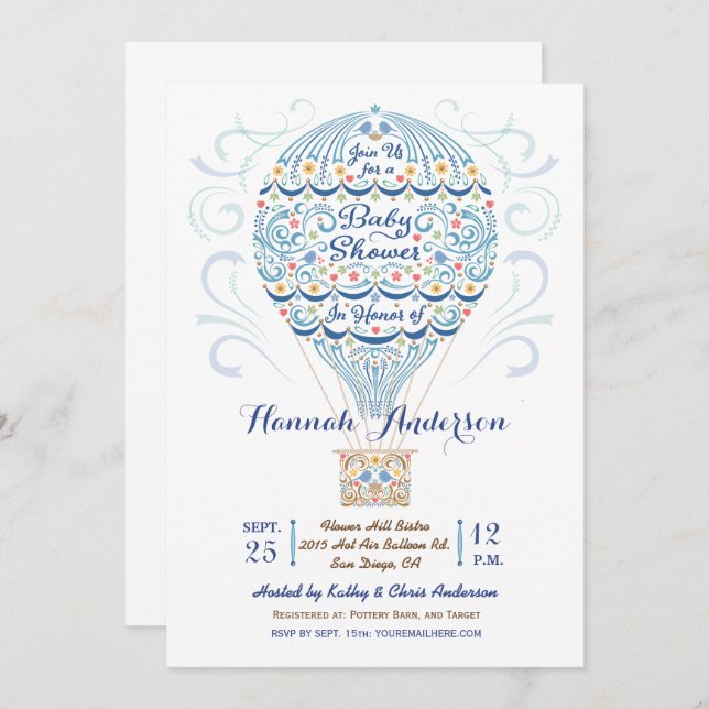 Convite para Chá de Bebê Balão de Ar Quente (Frente/Verso)