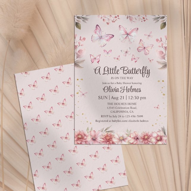 Convite para Chá de Bebê-Bebê-Borboleta Rosa (Pink Butterfly Baby Girl Shower Invitation)