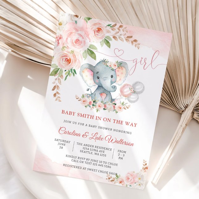 Convite para Chá de Bebê da Menina Elefante Floral (Criador carregado)