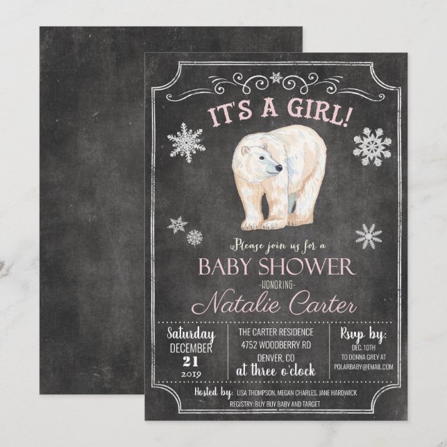 Convite para Chá de Bebê da Menina Urso Polar (Frente/Verso)