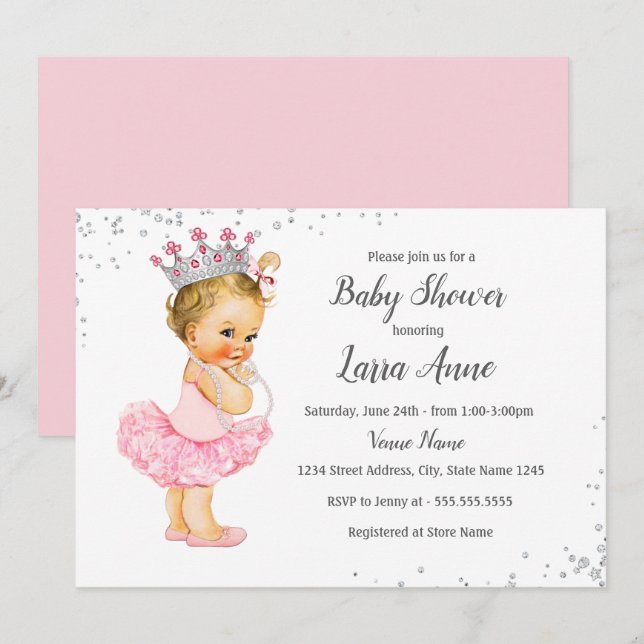 Convite para Chá de Bebê da Princesa Brilho Rosa (Frente/Verso)