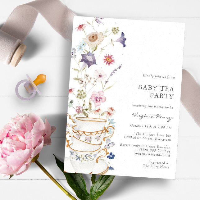 Convite para Chá de Bebê das Flores Silvestres (Beautiful Wildflower Baby Shower Tea Party Invitation by Painted Paperie)