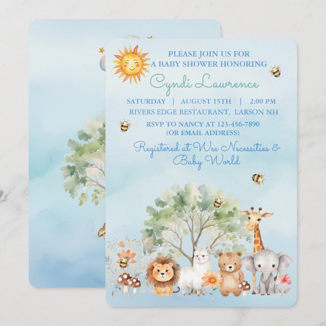 Convite para Chá de Bebê de Animais da Selva Selva (Frente/Verso)