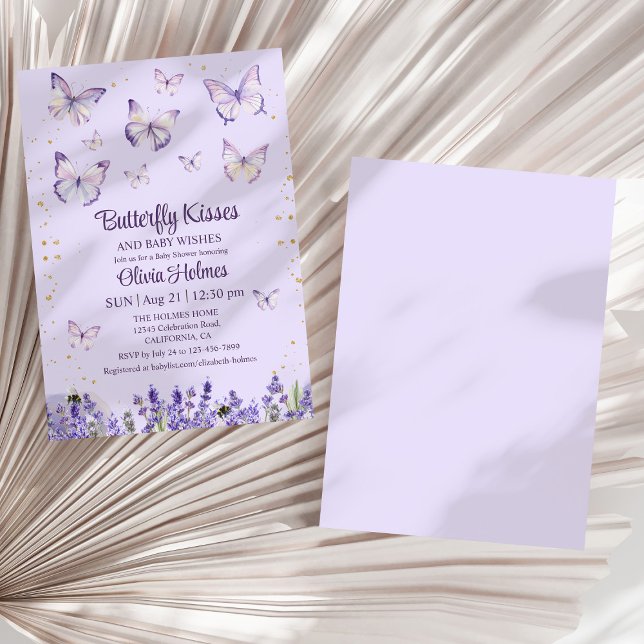 Convite para Chá de Bebê de Borboleta Roxa (Purple Butterfly Baby Girl Shower Invitation on a dry white palm leaf.)