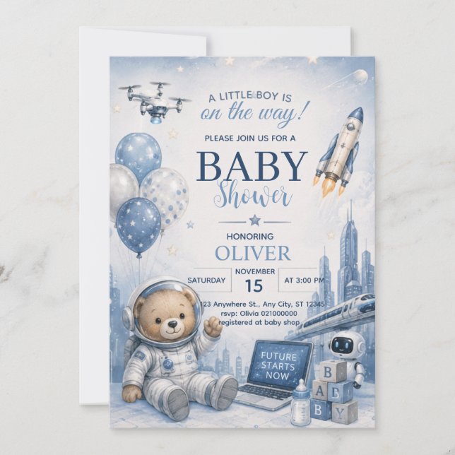 Convite para Chá de Bebê do Astronauta Ursinho Ted (Frente)