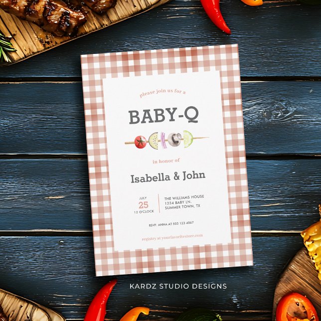 Convite para Chá de Bebê do Churrasco do Bebê Q (This summer baby que baby shower theme invitation is great for a backyard barbecue celebration.)