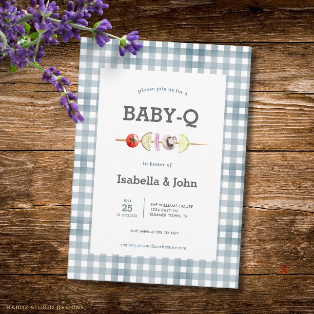 Convite para Chá de Bebê do Churrasco em Xadrez Az (Front of the invitation is shown in 5x7-inch. Choose size, paper, and corner style.)
