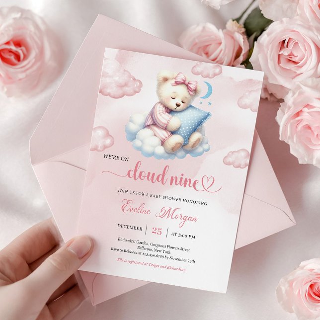Convite para Chá de Bebê do Doce Ursinho Teddy Nuv (Sweet Teddy Bear Baby Shower Invite Cloud Nine Theme)