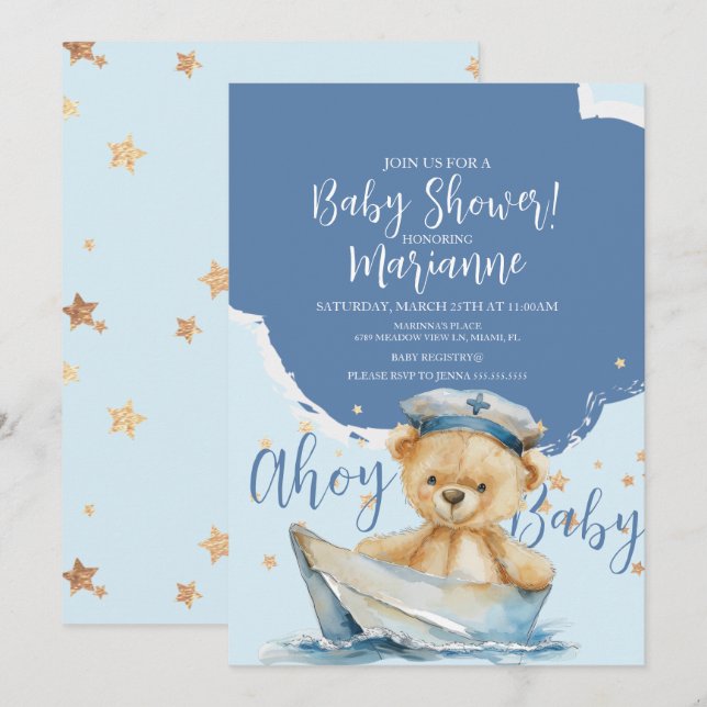 Convite para Chá de Bebê do Marinheiro Urso (Frente/Verso)