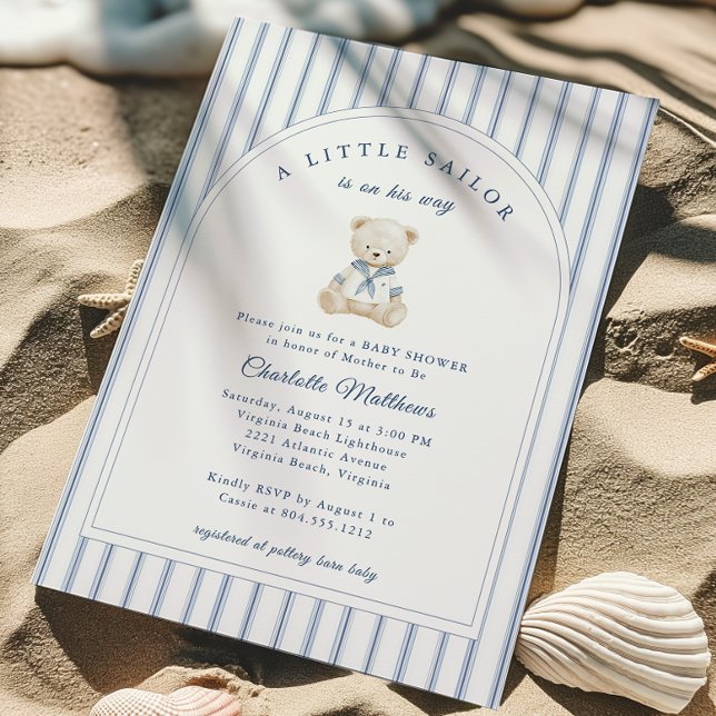 Convite para Chá de Bebê do Pequeno Marinheiro (Little Sailor Bear Boy Baby Shower Invitation)