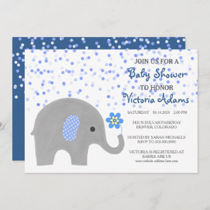 Convite para Chá de Bebê Elefante de Confetti Azul