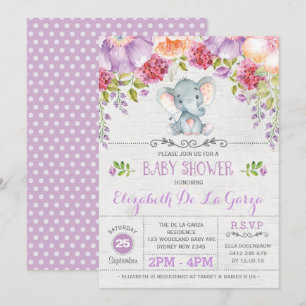 Convite para Chá de bebê elefante floral roxo