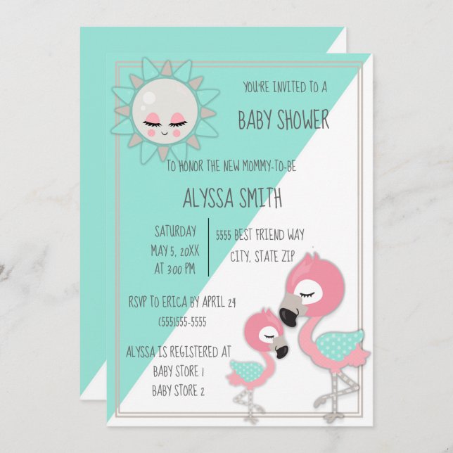 Convite para Chá de Bebê Flamingo Rosa Verde/Teal (Frente/Verso)